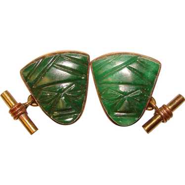 Awesome MEXICO Carved Green Stone Vintage Cufflink