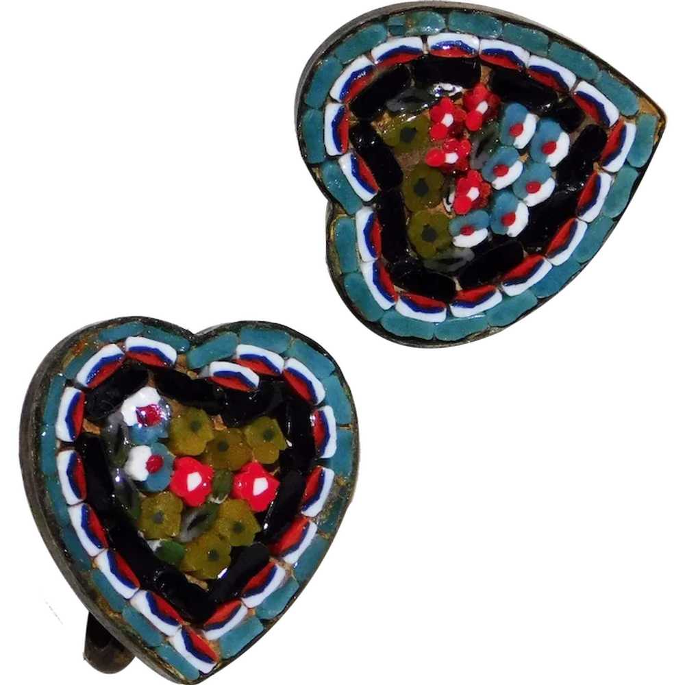 Fabulous MICRO MOSAIC Vintage Heart Earrings - It… - image 1