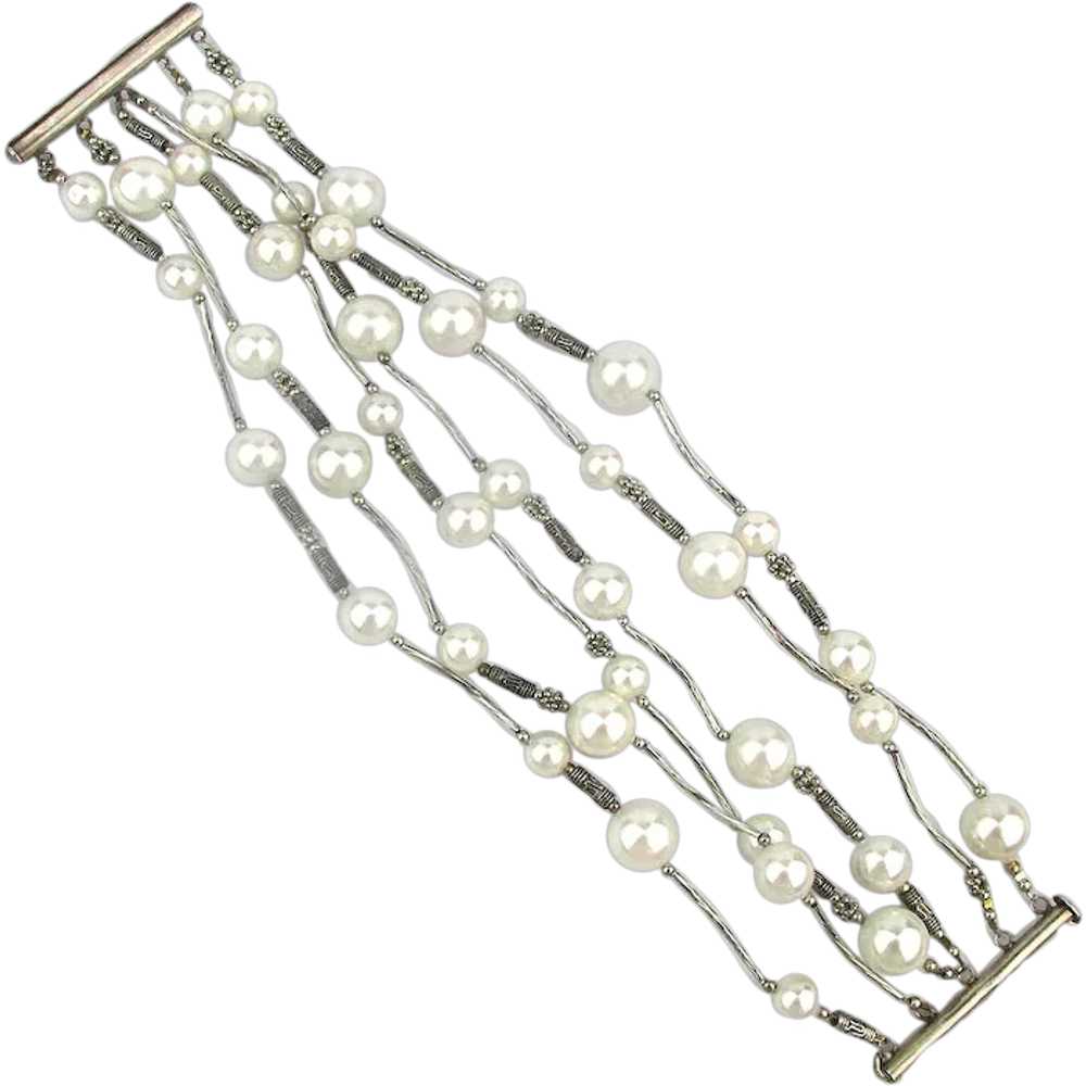 Big Faux Pearl Sterling Silver Slide-In Bracelet … - image 1