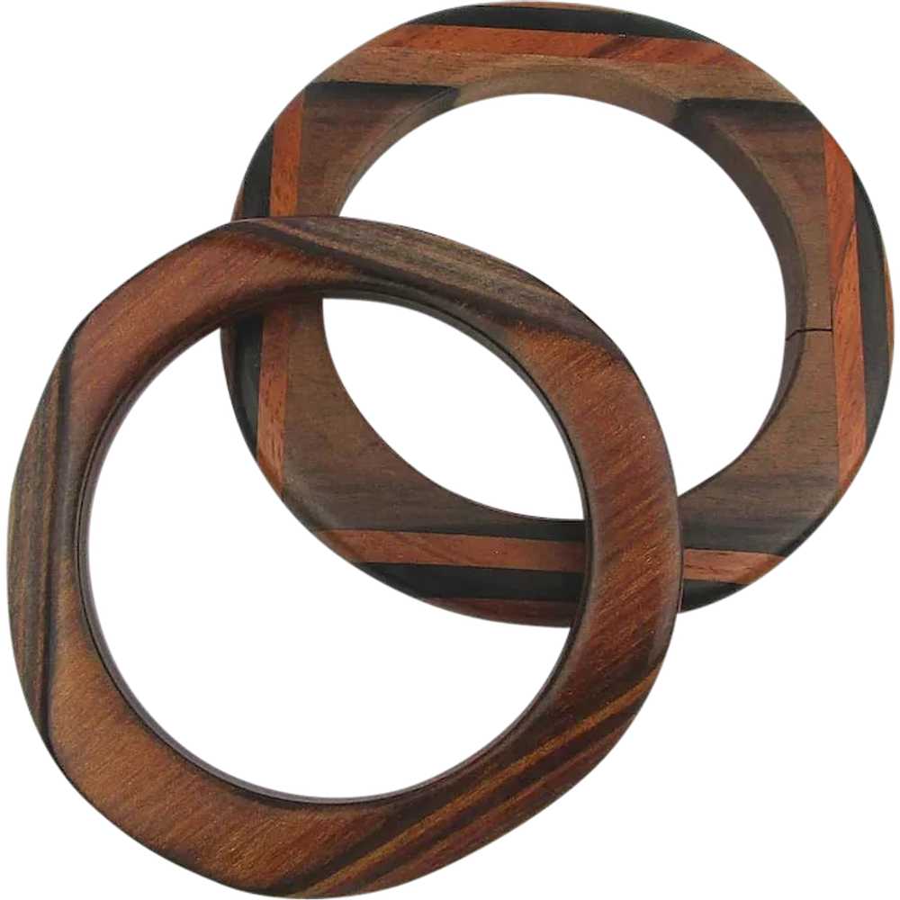 Pair Vintage Handcrafted Parquet Wood Bangle Brac… - image 1