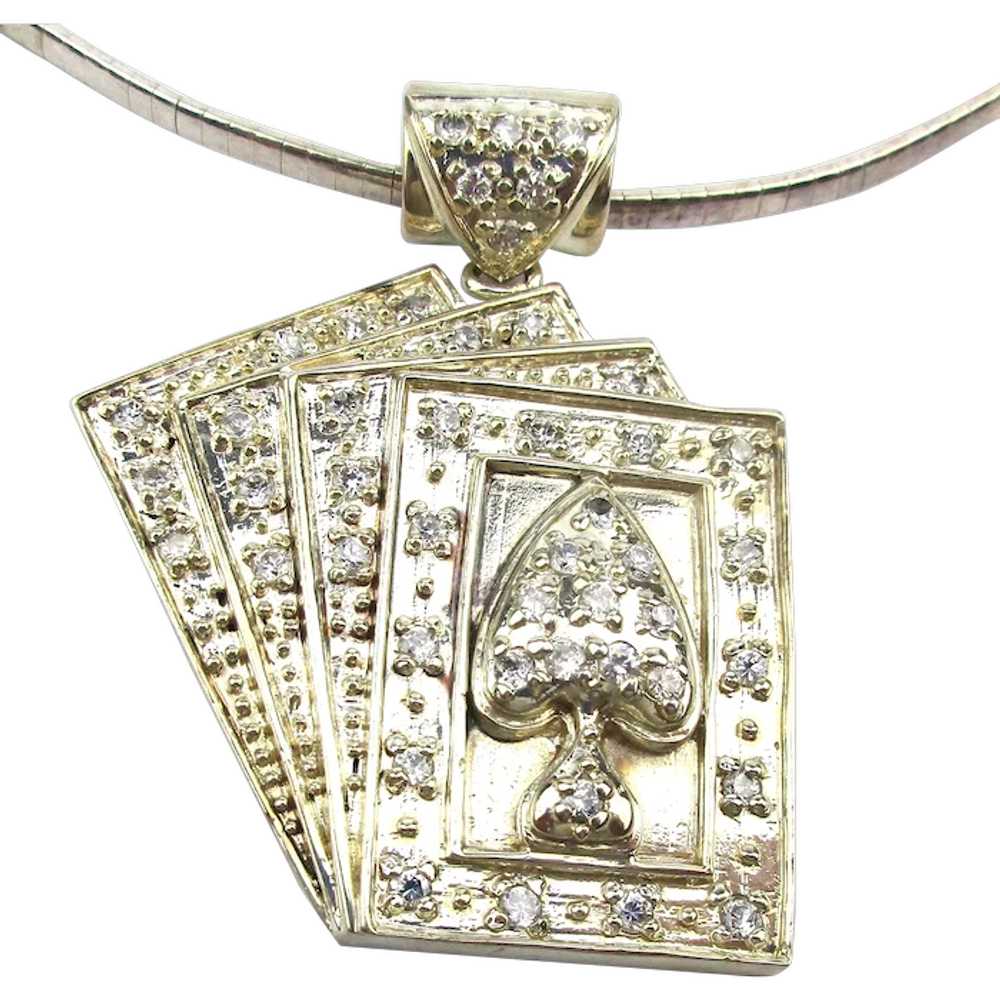 Big Sterling Silver CZ Playing Cards Pendant Neck… - image 1