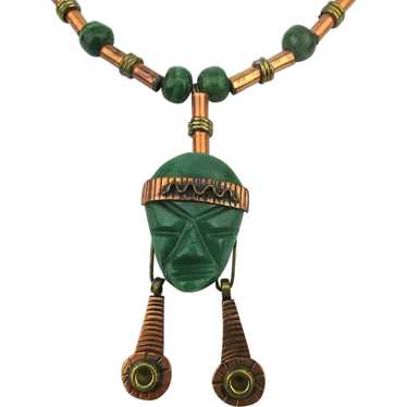 Mexican Copper Carved Green Stone Mayan Head Neckl