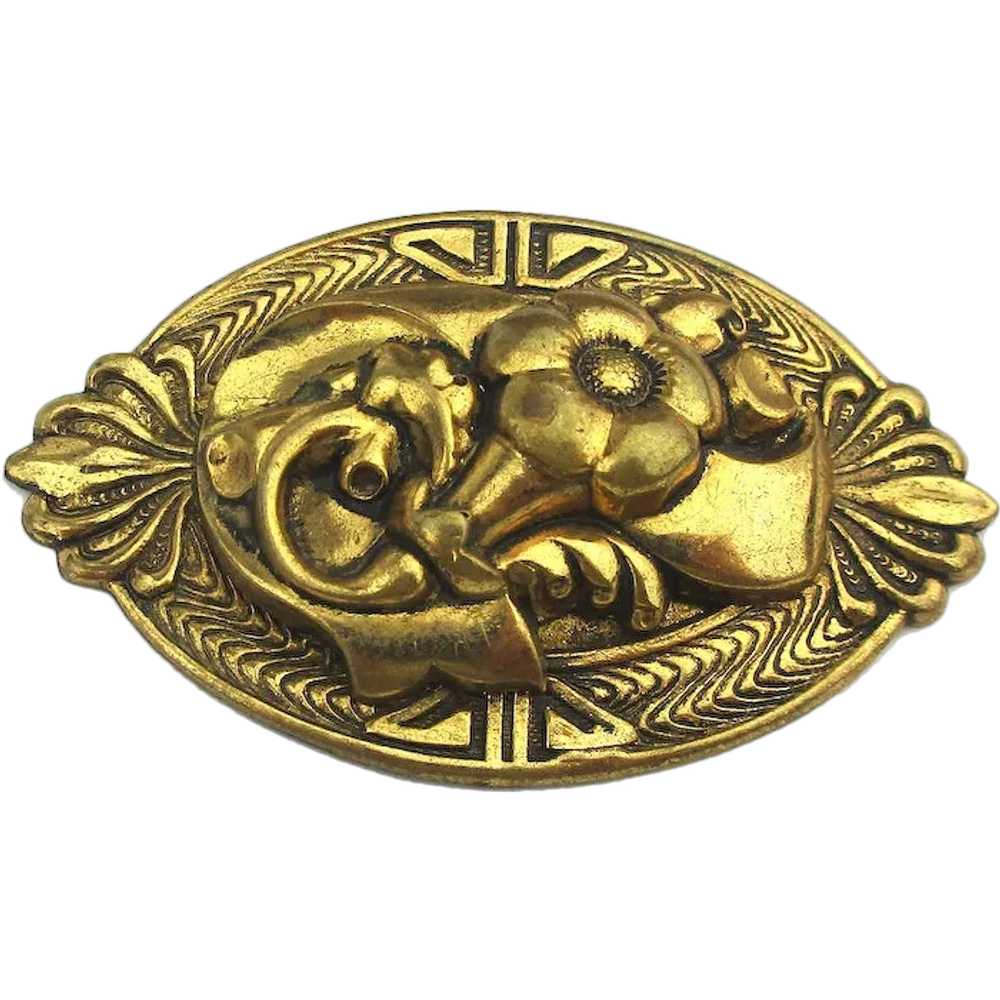 Art Deco Molded Gilded Brass Pin Brooch - image 1