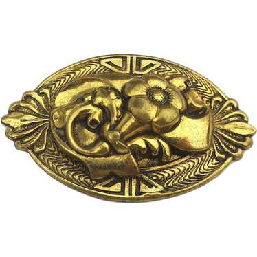 Art Deco Molded Gilded Brass Pin Brooch - image 1