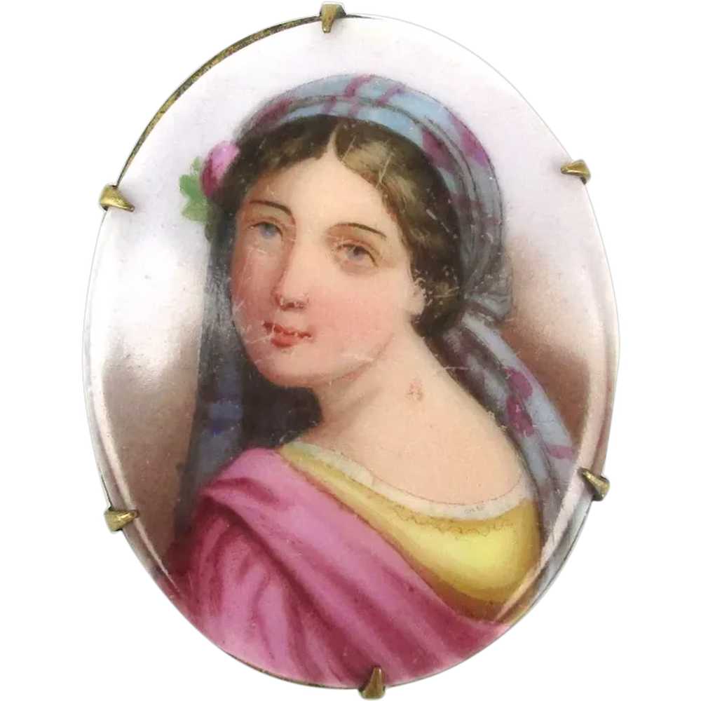 Victorian Hand Painted Portrait Lady Pin - Over t… - image 1