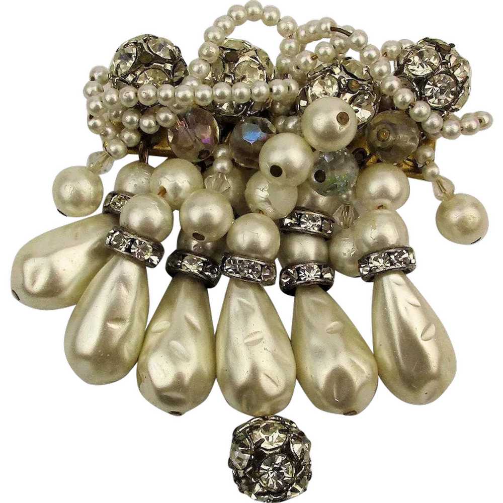 Vintage Faux Pearl Cluster Dangle Pin w/ Crystal … - image 1