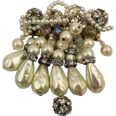 Vintage Faux Pearl Cluster Dangle Pin w/ Crystal … - image 1