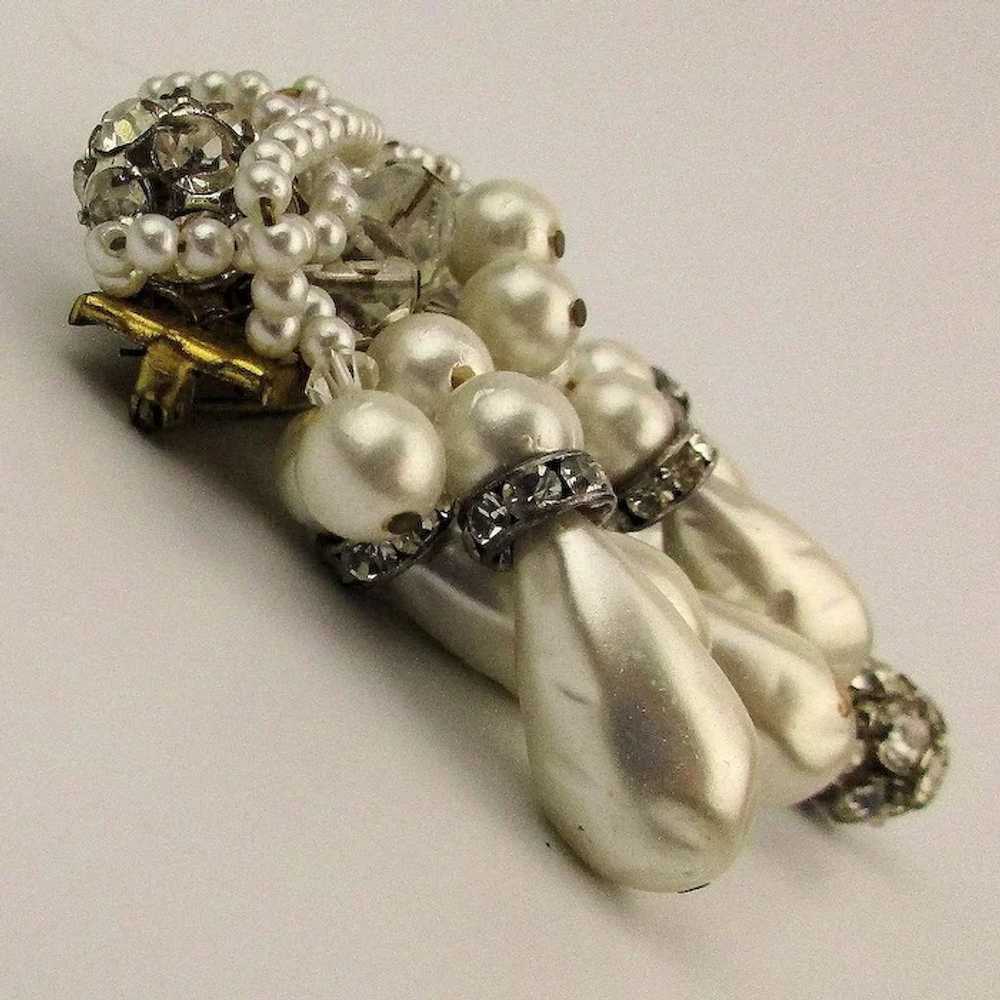 Vintage Faux Pearl Cluster Dangle Pin w/ Crystal … - image 2