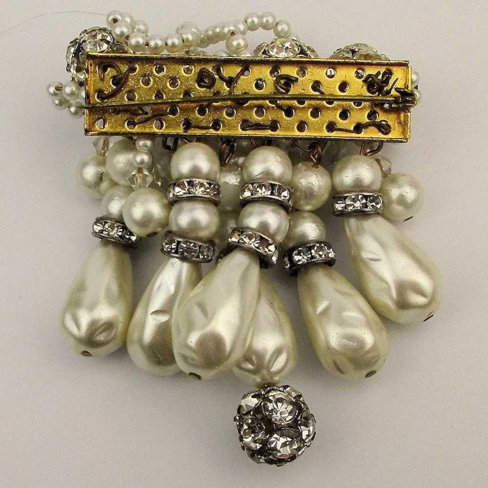 Vintage Faux Pearl Cluster Dangle Pin w/ Crystal … - image 3