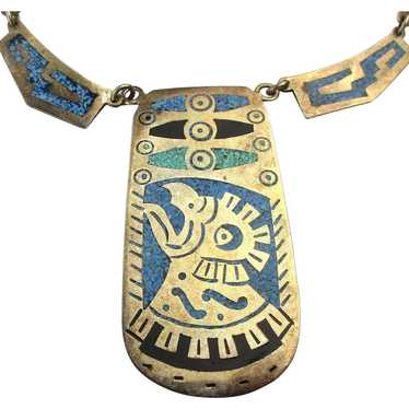 Vintage Mexican Alpaca Chip Inlay Necklace Aztec … - image 1