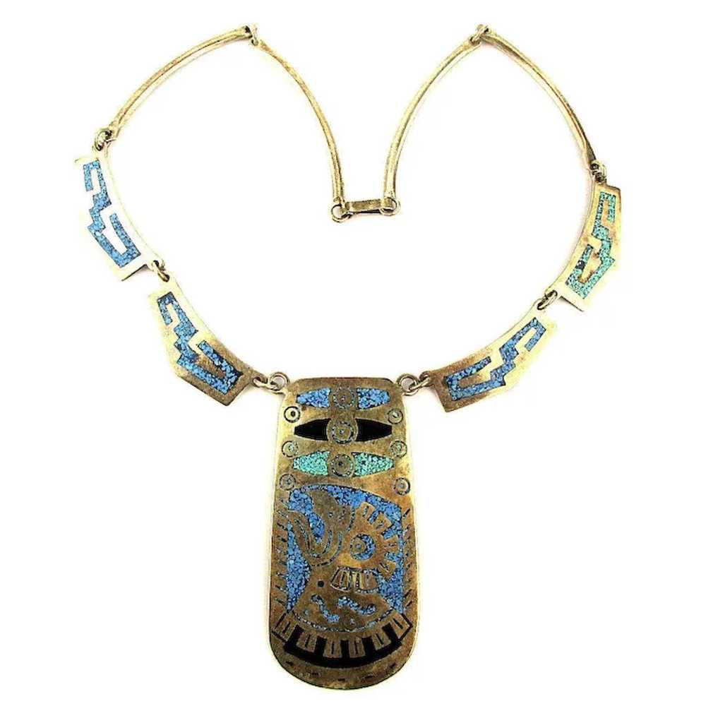 Vintage Mexican Alpaca Chip Inlay Necklace Aztec … - image 2