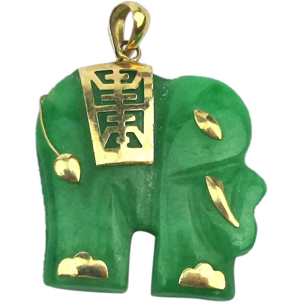 14K Gold Emerald Green Jade Elephant Pendant - image 1