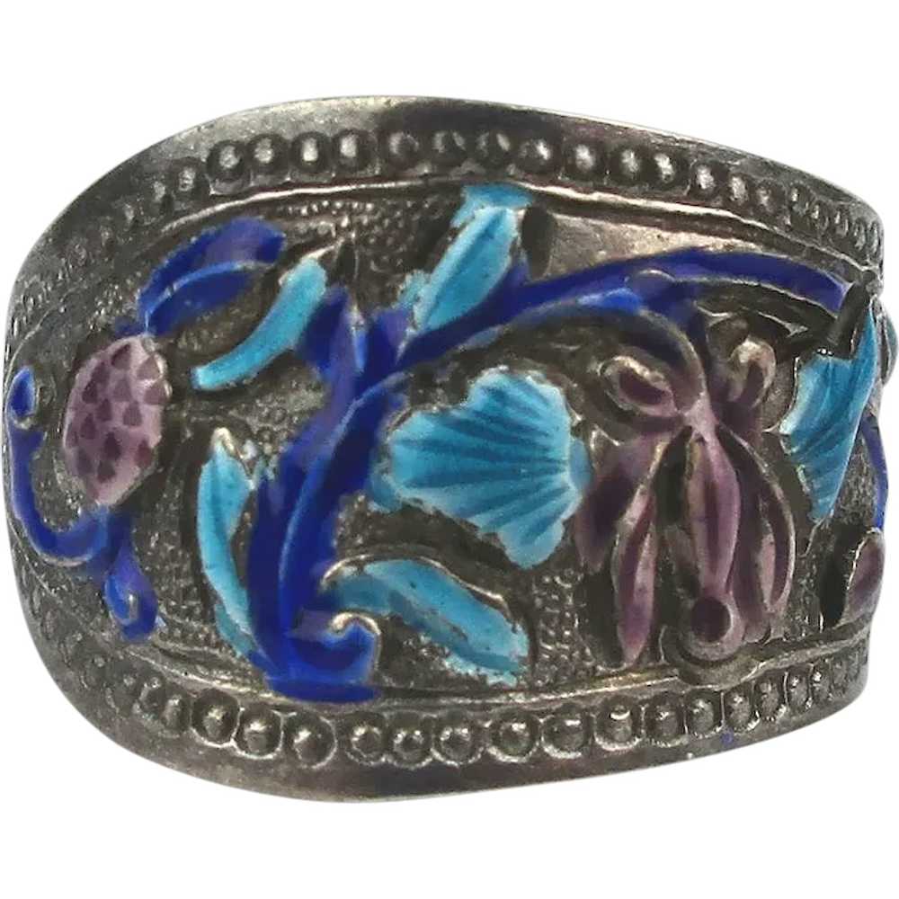 Vintage Chinese Sterling Silver Enamel Band Ring - image 1
