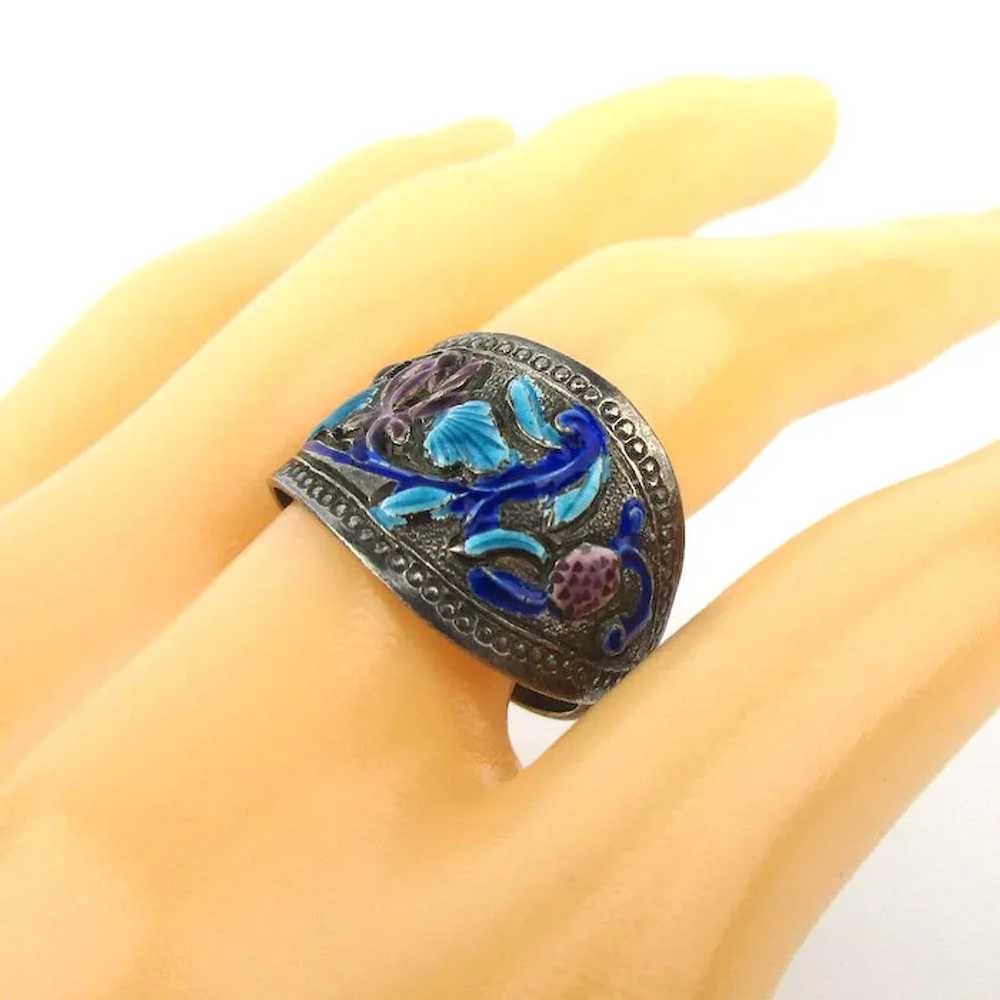 Vintage Chinese Sterling Silver Enamel Band Ring - image 2