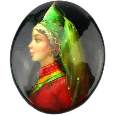 Vintage Hand-Painted Lacquer Pin Costumed Beauty B