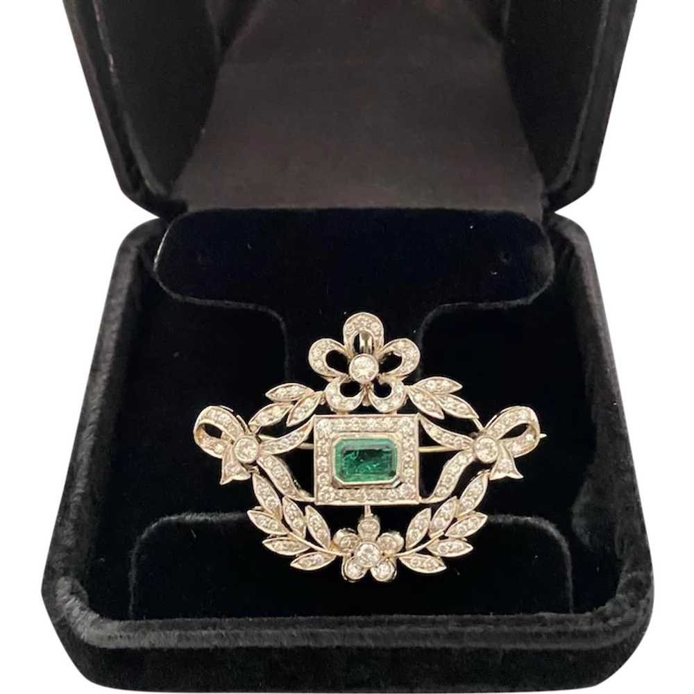 Edwardian 18 Karat Gold Emerald and Diamond Brooc… - image 1