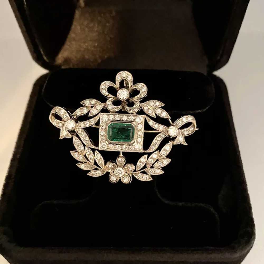 Edwardian 18 Karat Gold Emerald and Diamond Brooc… - image 2