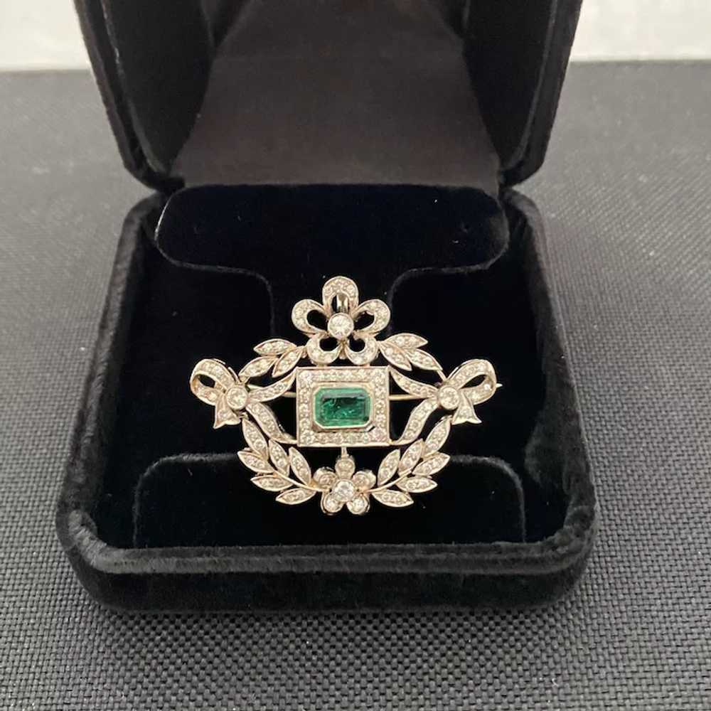 Edwardian 18 Karat Gold Emerald and Diamond Brooc… - image 3