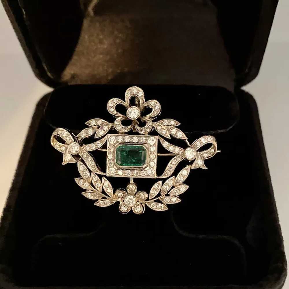 Edwardian 18 Karat Gold Emerald and Diamond Brooc… - image 4
