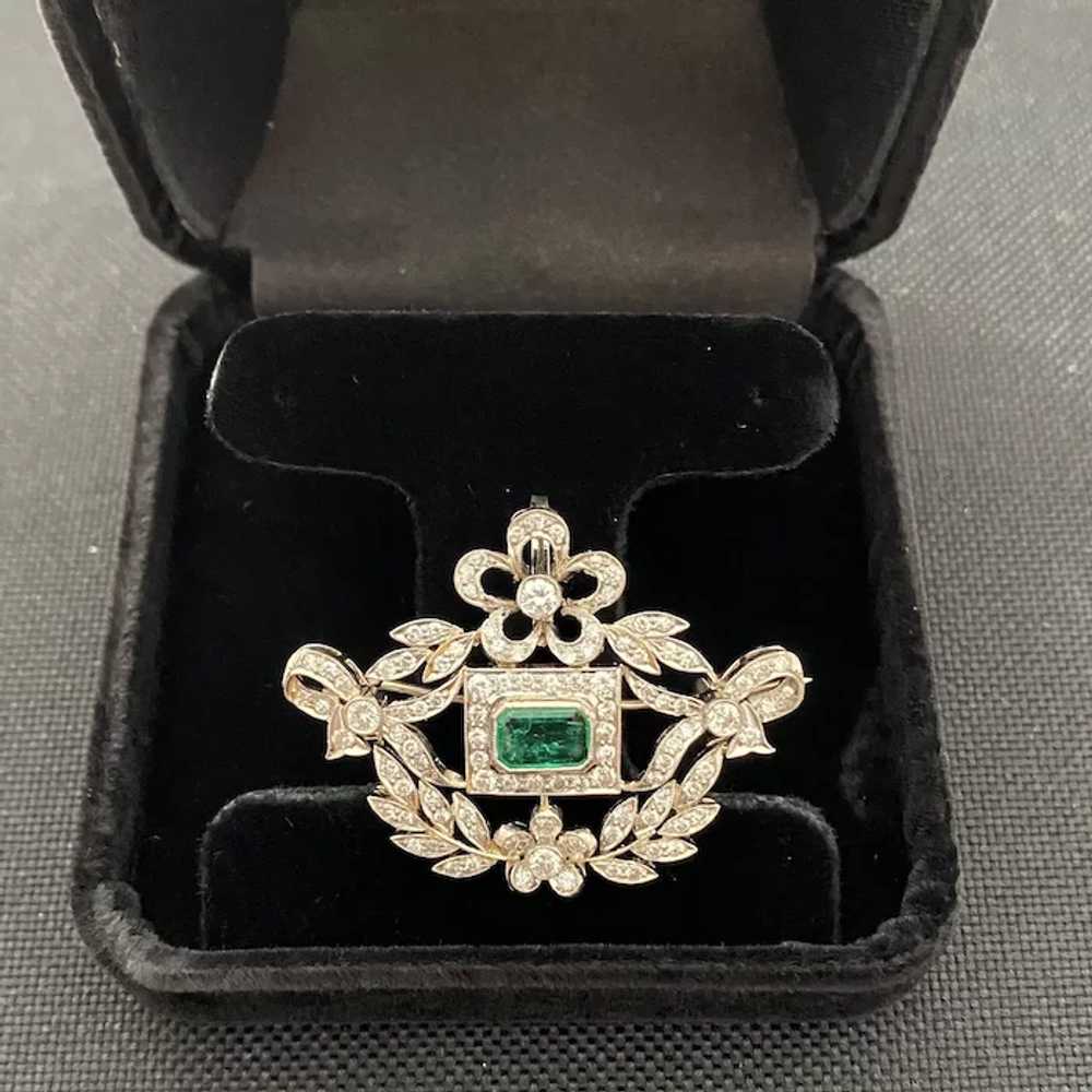 Edwardian 18 Karat Gold Emerald and Diamond Brooc… - image 5