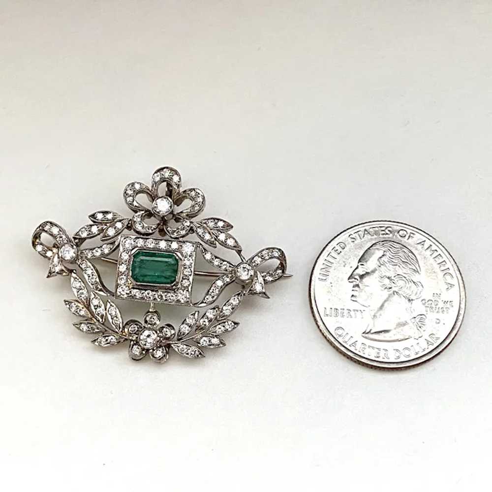 Edwardian 18 Karat Gold Emerald and Diamond Brooc… - image 6