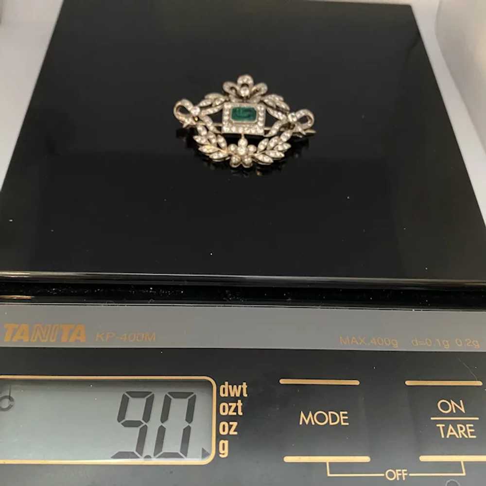 Edwardian 18 Karat Gold Emerald and Diamond Brooc… - image 8