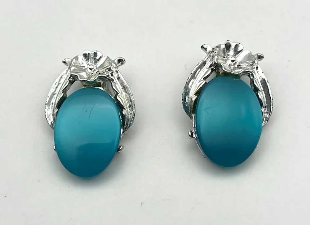 Oval Turquoise Color and Silvertone Flower Clip O… - image 11