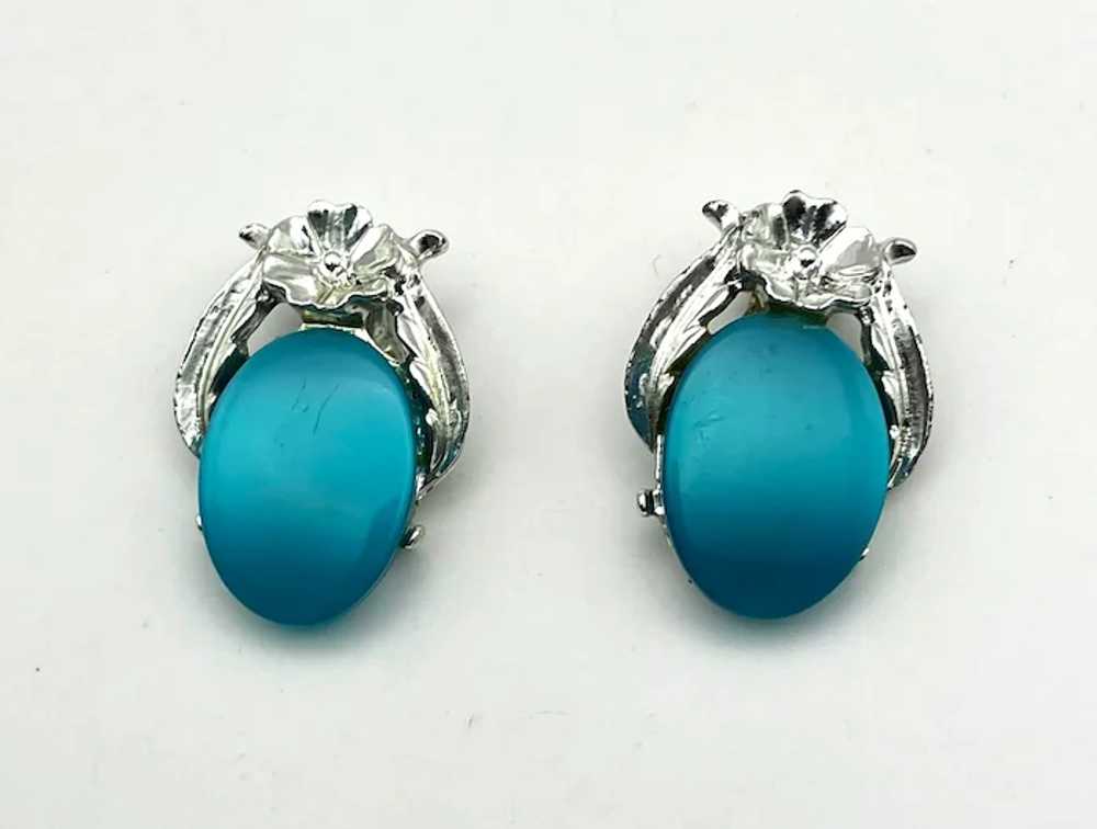 Oval Turquoise Color and Silvertone Flower Clip O… - image 9