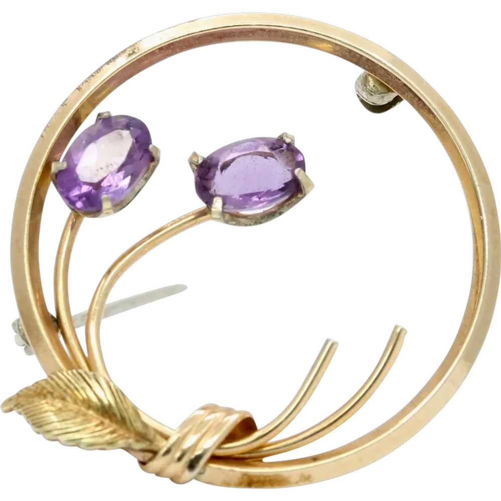 Vintage Gold Filled Amethyst Circle Floral Brooch - image 1