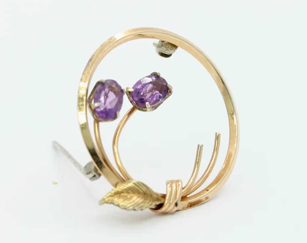 Vintage Gold Filled Amethyst Circle Floral Brooch - image 2