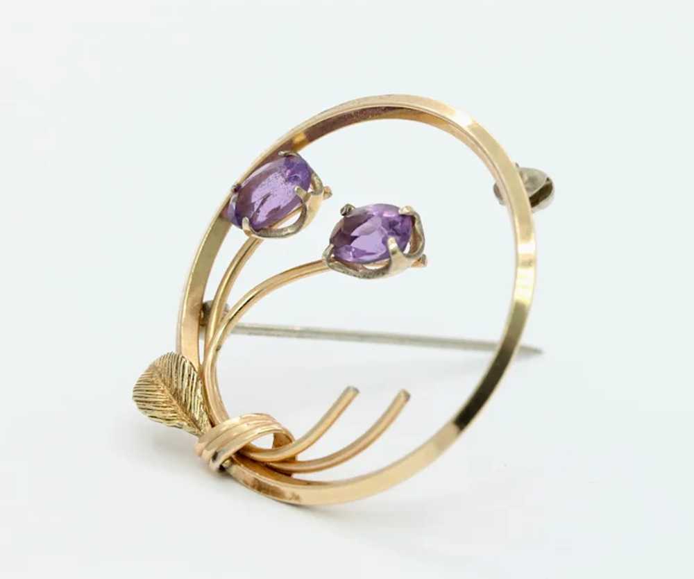 Vintage Gold Filled Amethyst Circle Floral Brooch - image 3