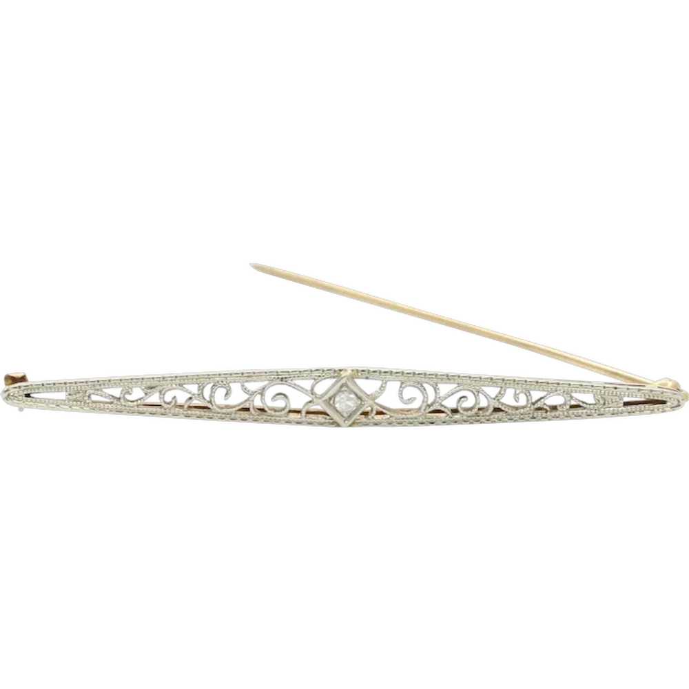 Art Deco 14K White Gold Diamond Filigree Brooch - image 1