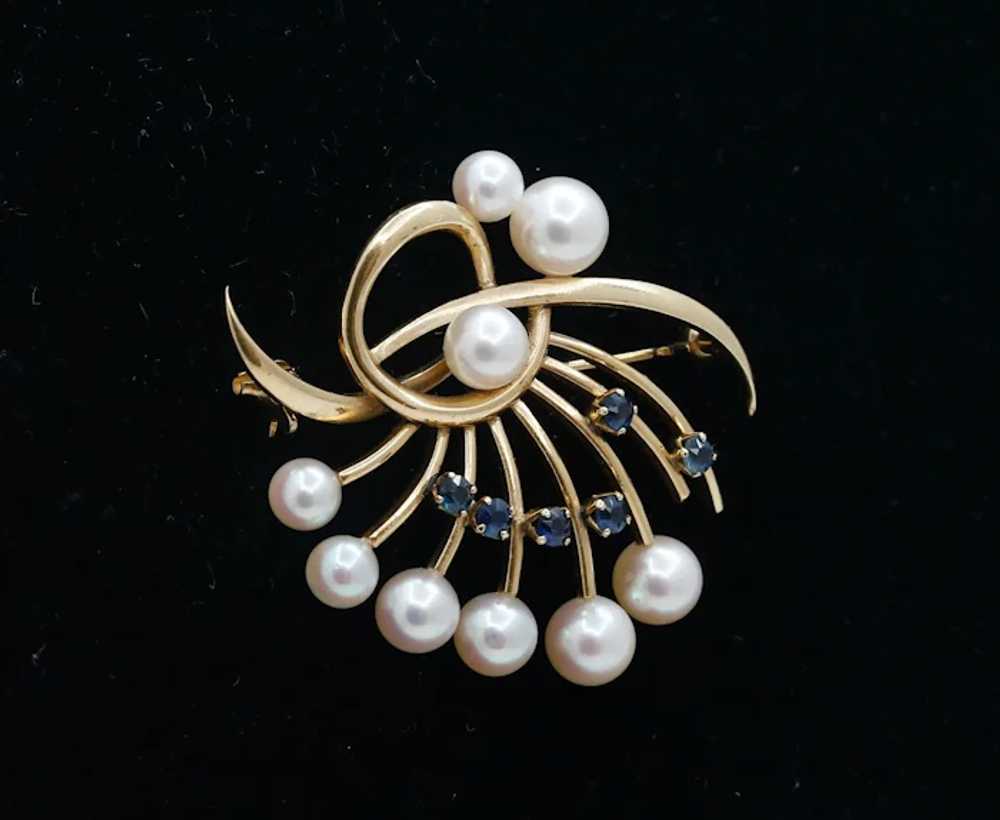 Mikimoto 14K Yellow Gold Sapphires Pearls Brooch Pin - Gem