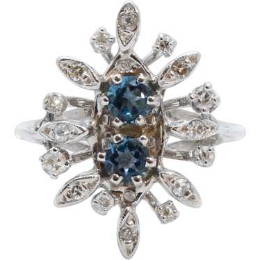 Vintage Flower London Blue Topaz Diamonds 14K Whit