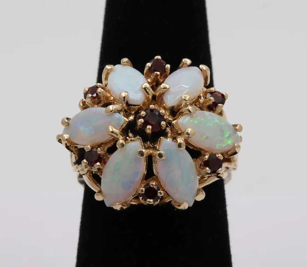Vintage 14K Yellow Gold Floral Opal Garnet Ring - image 5