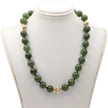 Vintage Spinach Jade Beaded 14K Yellow Gold Neckl… - image 1