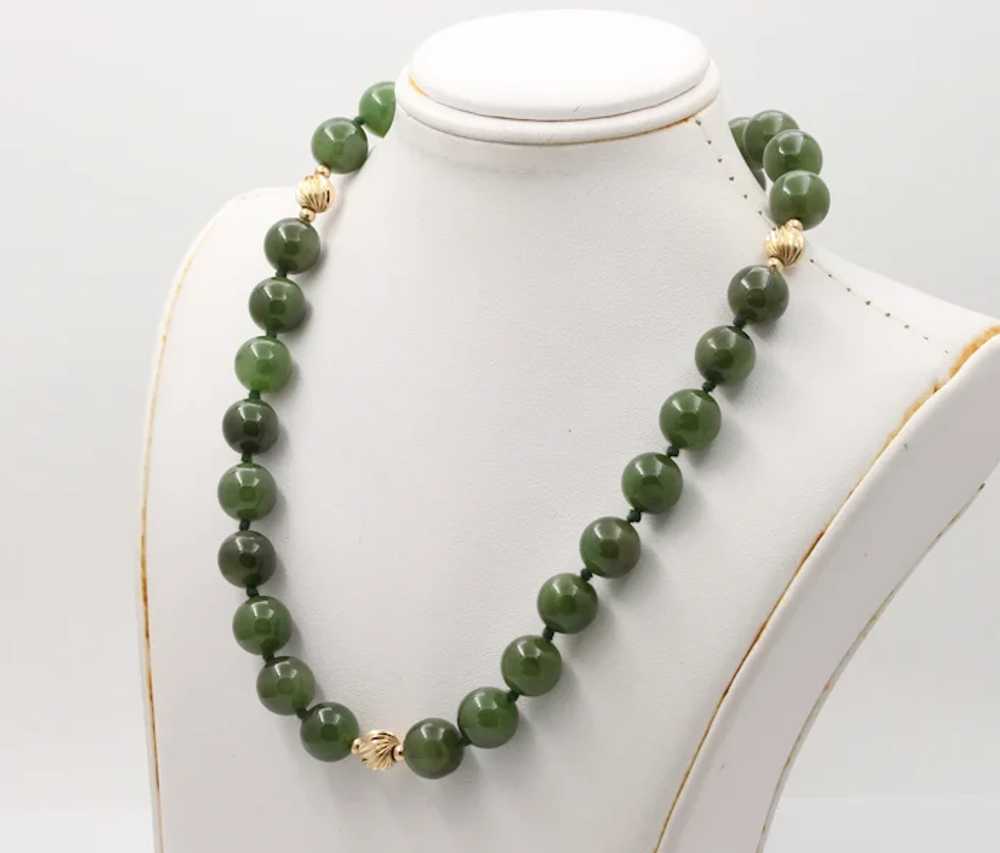 Vintage Spinach Jade Beaded 14K Yellow Gold Neckl… - image 2