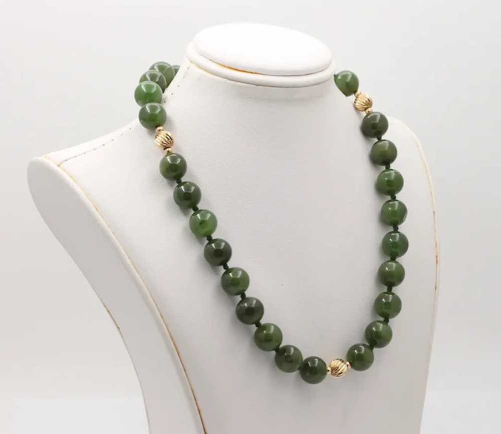 Vintage Spinach Jade Beaded 14K Yellow Gold Neckl… - image 3