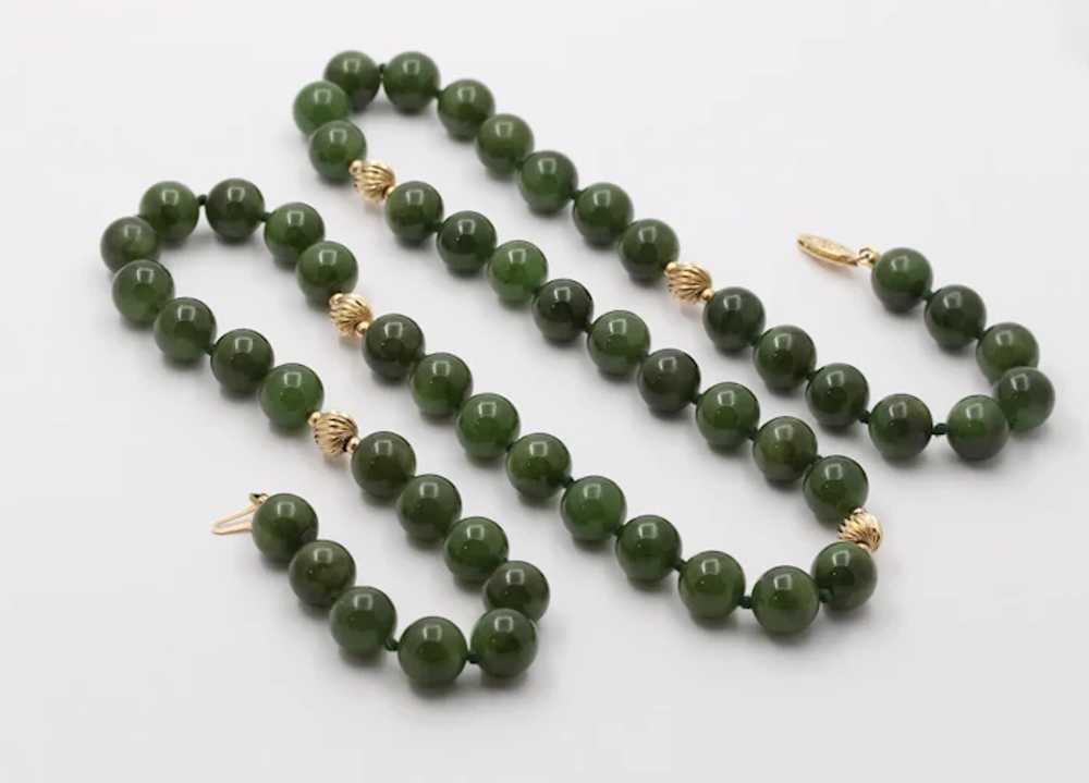 Vintage Spinach Jade Beaded 14K Yellow Gold Neckl… - image 4