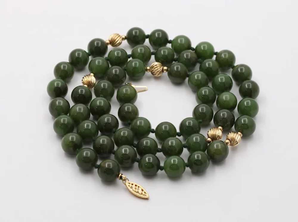 Vintage Spinach Jade Beaded 14K Yellow Gold Neckl… - image 6
