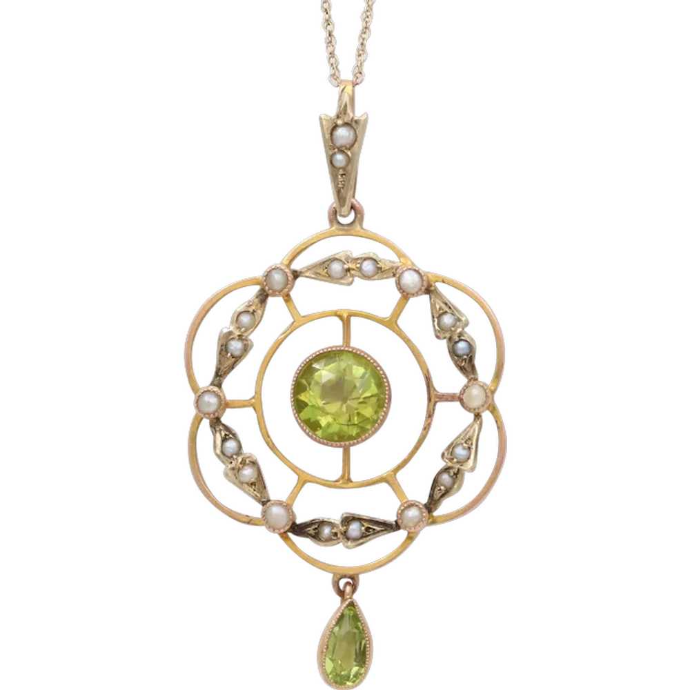 Art Nouveau Peridot Seed Pearls 9 Carat Pendant - image 1