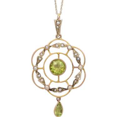 Art Nouveau Peridot Seed Pearls 9 Carat Pendant - image 1