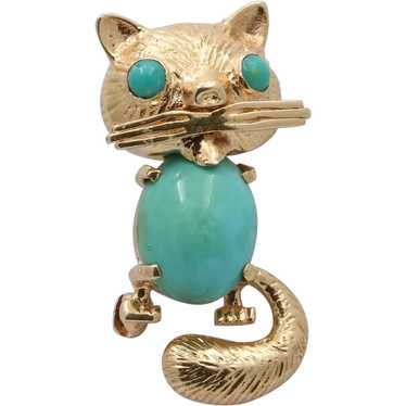 Vintage 14K Yellow Gold Turquoise Kitty Cat Brooc… - image 1