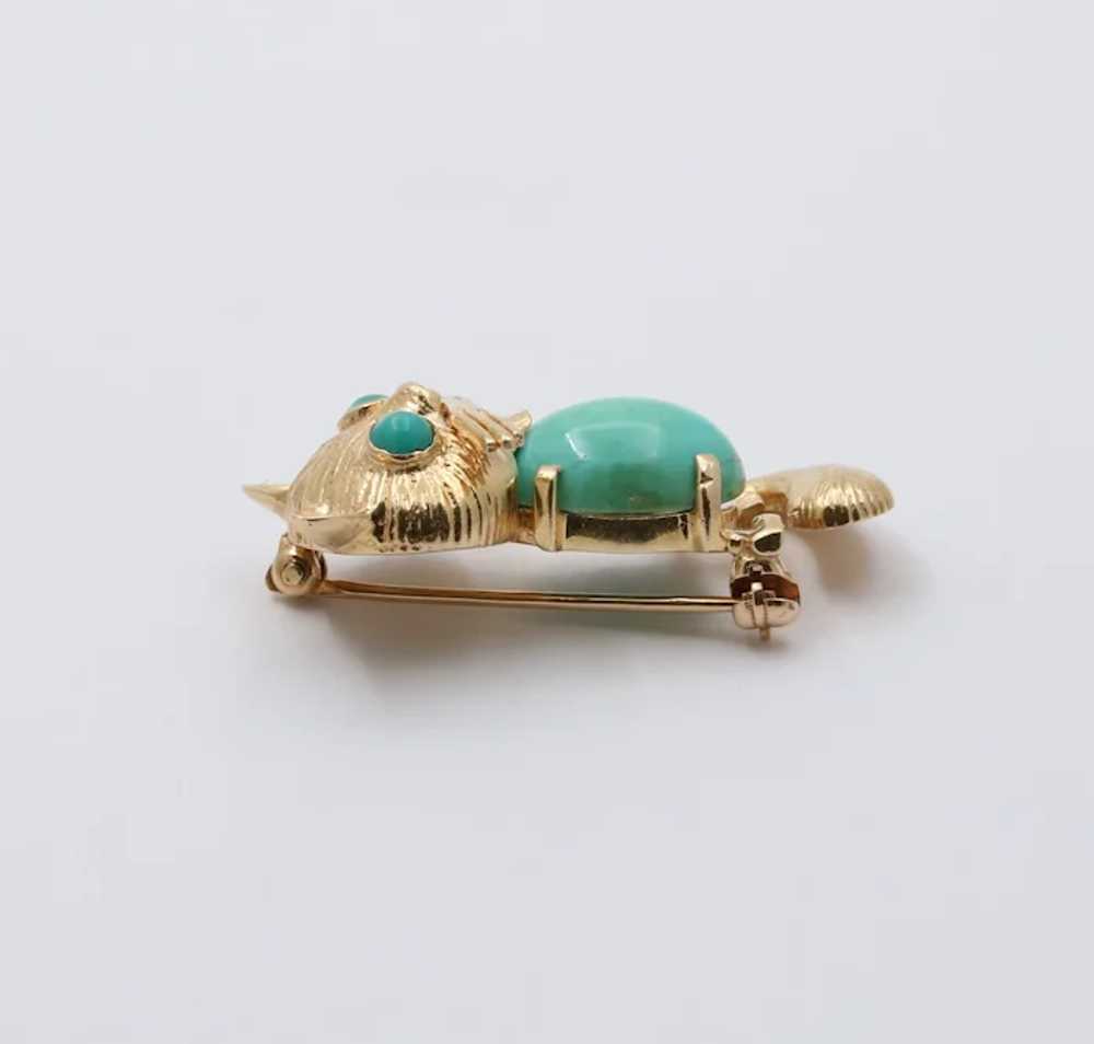 Vintage 14K Yellow Gold Turquoise Kitty Cat Brooc… - image 3