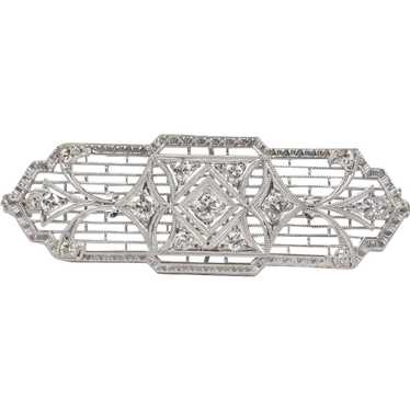 Art Deco Filigree Diamond 14K White Gold Brooch - image 1