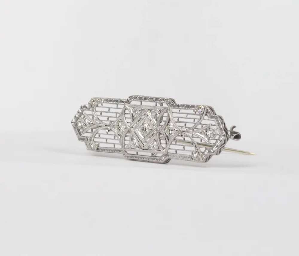 Art Deco Filigree Diamond 14K White Gold Brooch - image 2