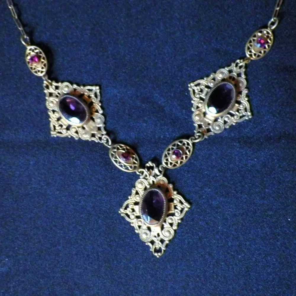 Vintage Brass Filigree and Amethyst Glass and Rhi… - image 1