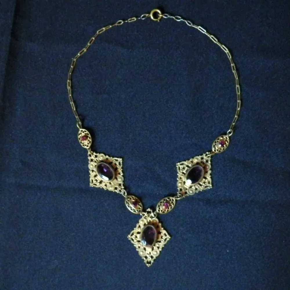 Vintage Brass Filigree and Amethyst Glass and Rhi… - image 2