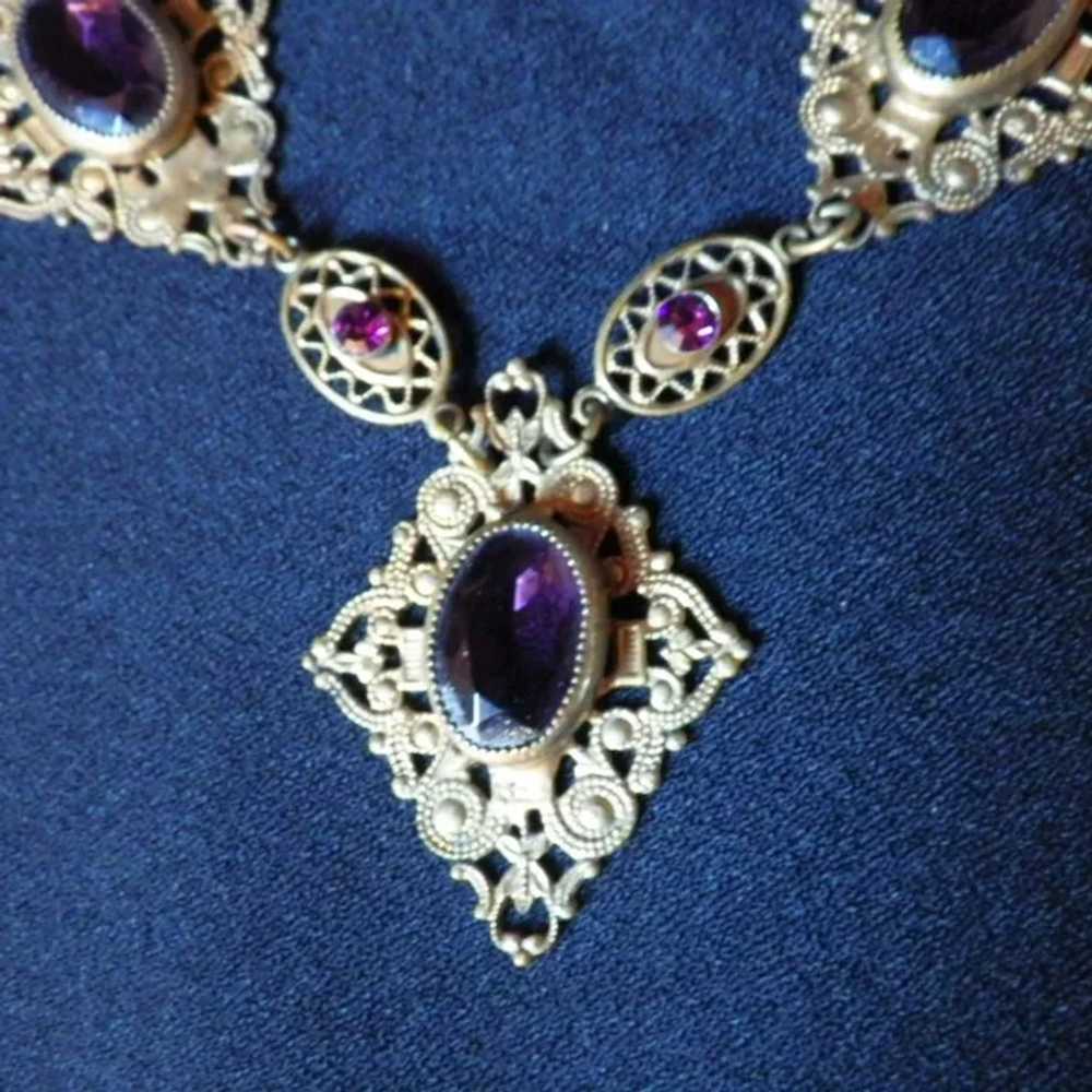 Vintage Brass Filigree and Amethyst Glass and Rhi… - image 4