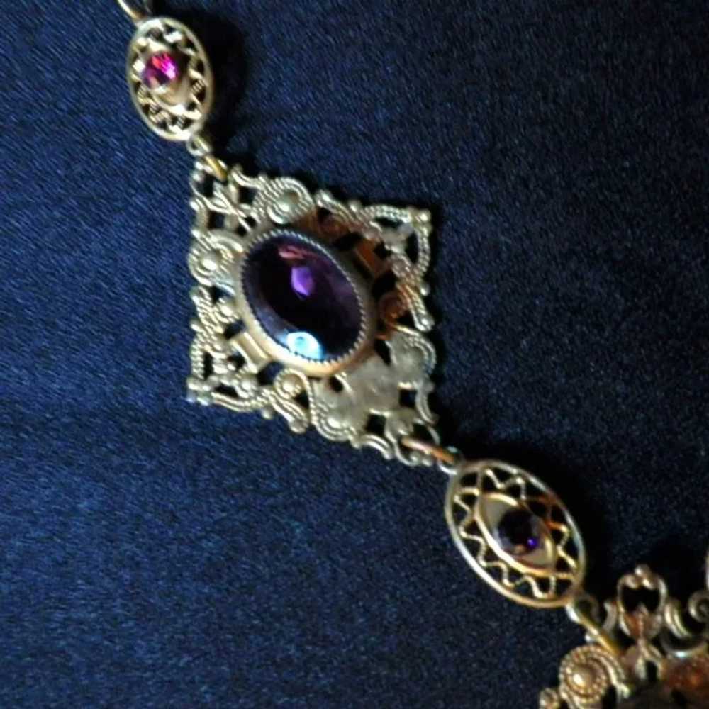 Vintage Brass Filigree and Amethyst Glass and Rhi… - image 5